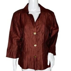 Jones New York Shirt Womens 14 Brown Iridescent Button‎ Up Crinkle Shimmer Artsy
